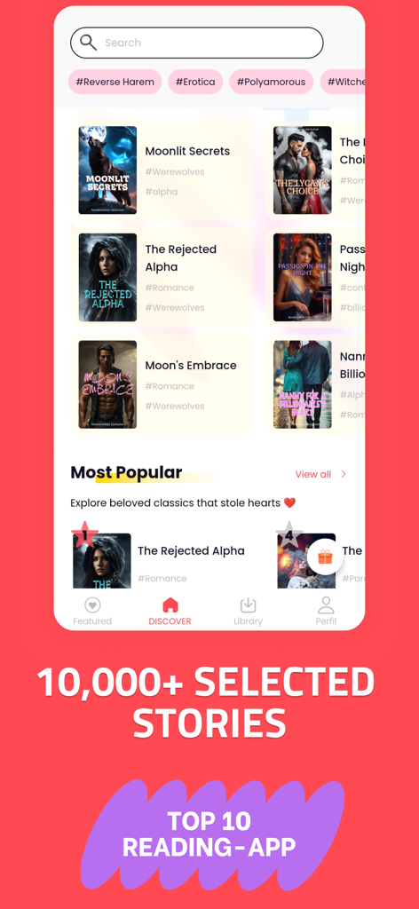 Fictio app discovery page showing popular web novels and story categories like werewolf romance and erotica.