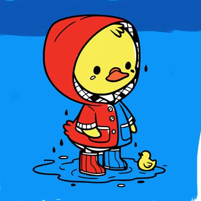 baby duck in a rain coat and boots, in a puddle while it’s raining
