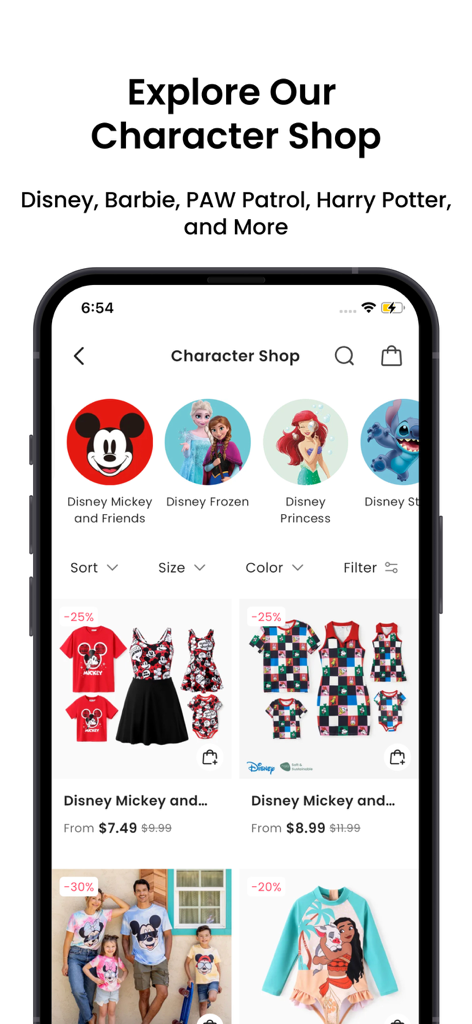PatPat app showing the character shop with Disney themed kids and family clothing.