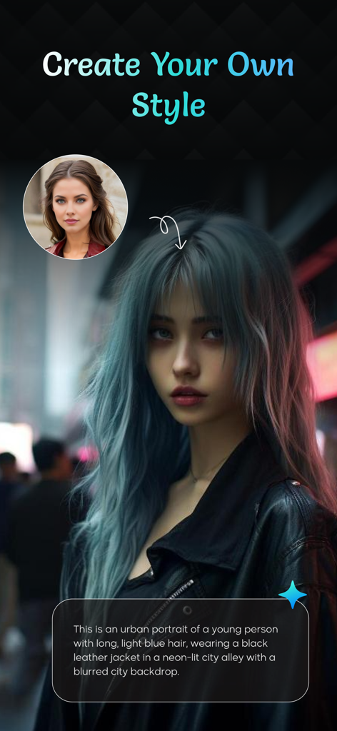AI Kiss Video Maker : AI Hug - AI photo transformation showing a woman in an urban portrait style with blue hair