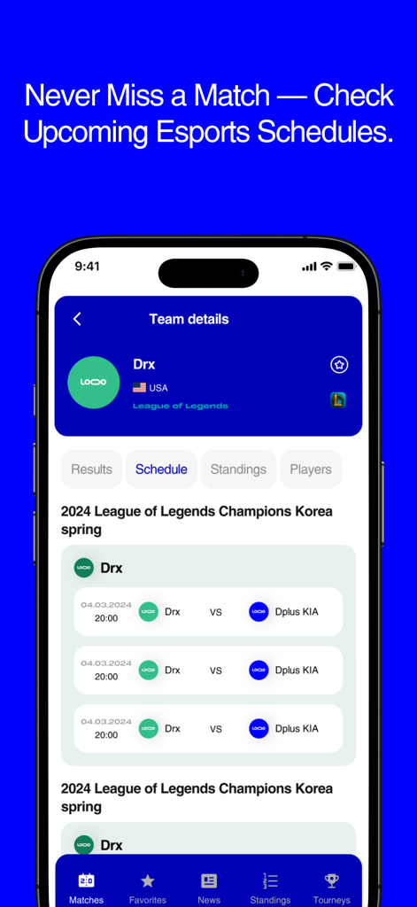 Mobile app screen showing the upcoming match schedule for a League of Legends team