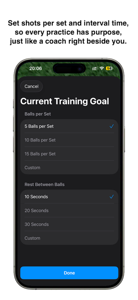 DualSwing app interface showing training goal settings for balls per set and rest intervals between shots.