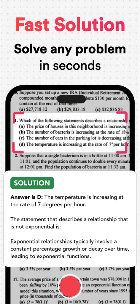 AI Homework Helper app interface scanning a math question and providing a fast step by step solution
