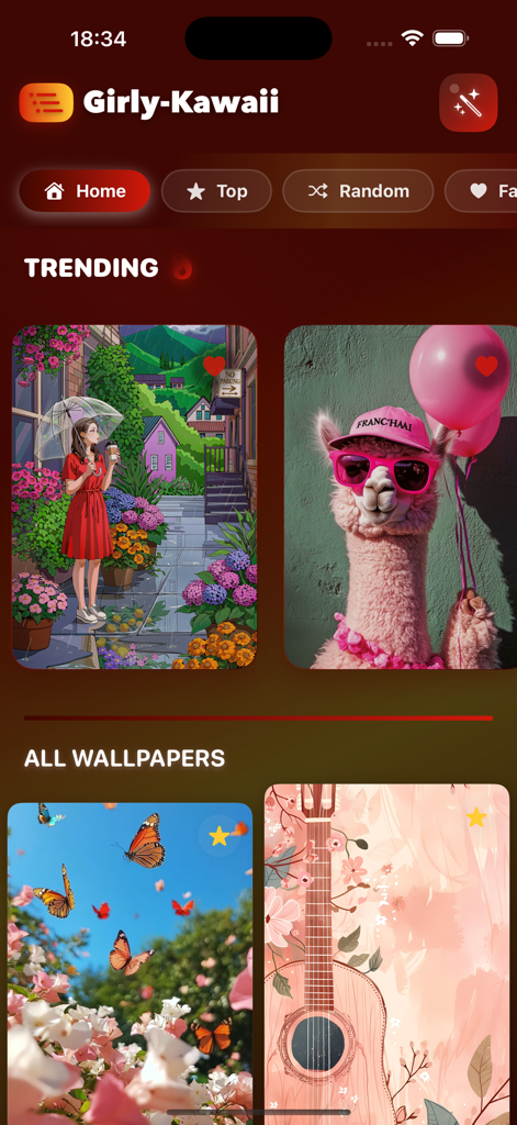 Girly Vibes Backgrounds - Girly Vibes Backgrounds app home screen showing trending aesthetic wallpapers including a pink llama and floral guitar