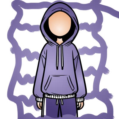 faceless girl in a tracksuit with a hood on and no hair