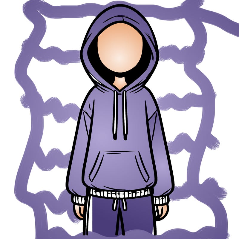 faceless girl in a tracksuit with a hood on and no hair