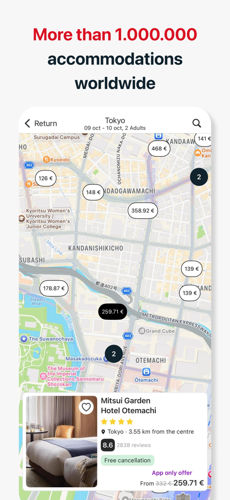 Amimir - Hotel Deal Searcher - Amimir app interface showing a hotel search map in Tokyo with price tags and an accommodation details card.