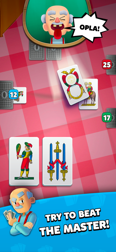 Briscola Dal Negro - A match of Briscola Dal Negro featuring an animated master character and traditional Italian regional cards on a checkered background.