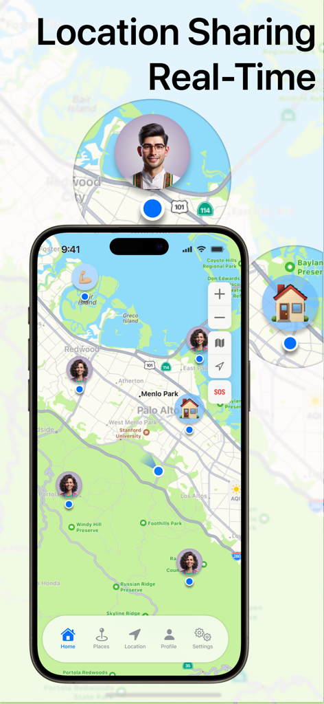 Phone Tracker by Number aрp - 「電話番号で追跡」アプリで、地図上に家族メンバーのリアルタイム位置情報共有が表示されているiPhoneのスクリーンショット