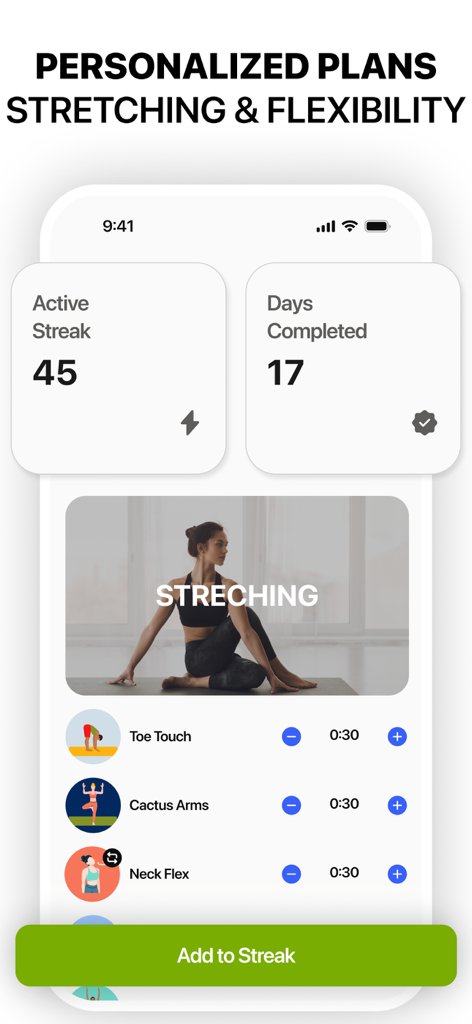 Flexy: Stretch & Flexibility - Flexy app interface showing personalized stretching plans and active workout streaks