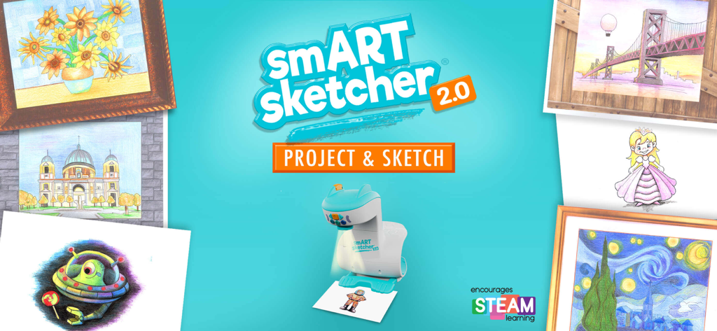 smART sketcher 2.0 projector device surrounded by various colorful sketches and drawings on a teal background
