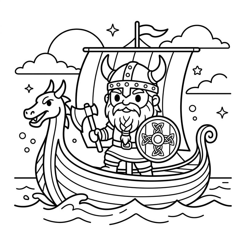Set sail on a fun artistic journey with this charming Viking seafarer coloring page, specially designed for toddlers. Its bold lines and simple shapes are perfect for developing fine motor skills and encouraging creative expression.