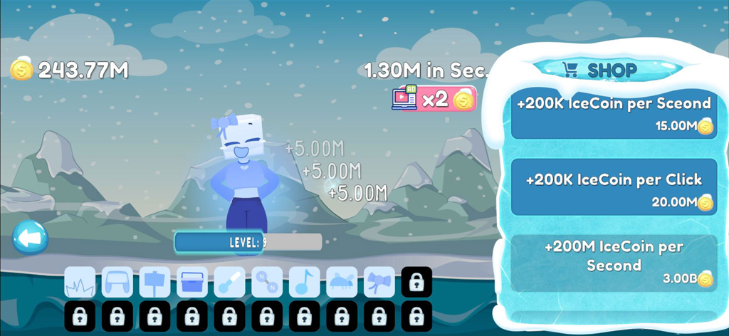 Cool As Ice Idle World Clicker - Shop menu in Cool As Ice Idle World Clicker game showing coin multipliers and gameplay upgrades