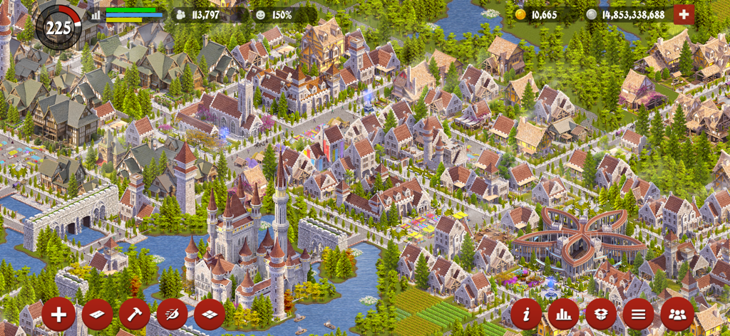 Designer City: Medieval Empire - A vast and detailed medieval fantasy city layout featuring a grand white castle surrounded by water and historical buildings