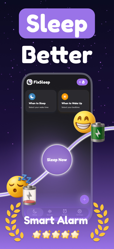 Interfaccia dell'app mobile FixSleep che mostra le opzioni del ciclo del sonno e le funzionalità della sveglia intelligente con emoji di sonno e energia