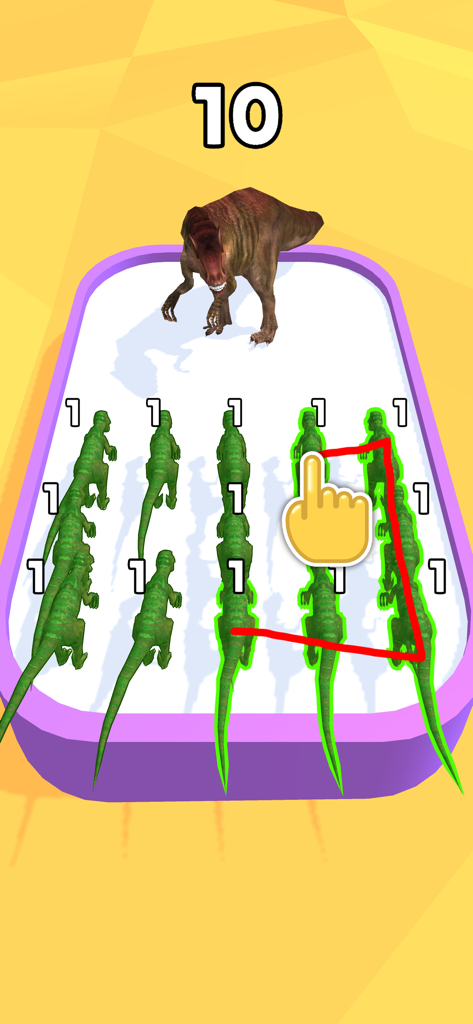 Merge Dragons Dinosaur Games - Un icono de mano demostrando la mecánica de dibujo con un dedo para fusionar múltiples dinosaurios en un tablero de juego