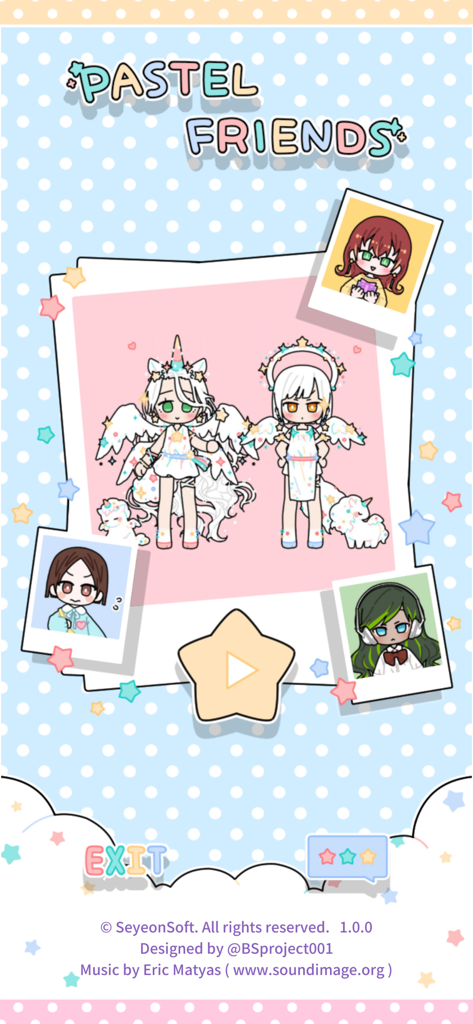 Title screen of Pastel Friends mobile game featuring cute pastel anime avatars and a start button.