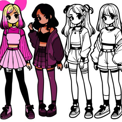 one girl with crop-top shirt and a jacket with a skirt, long socks and another girl with a shirt and pants with a jacket