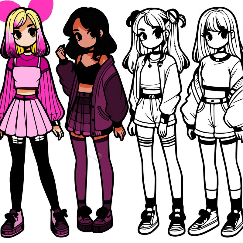 one girl with crop-top shirt and a jacket with a skirt, long socks and another girl with a shirt and pants with a jacket