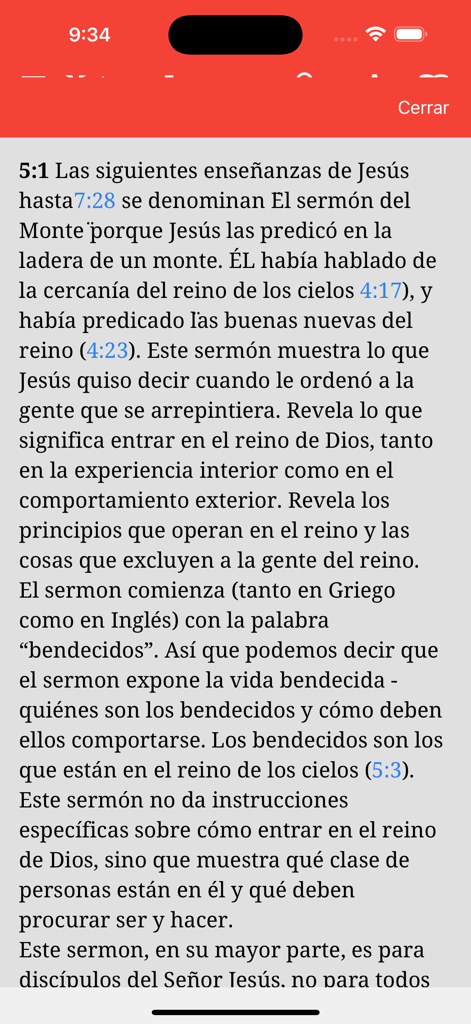 La Biblia de Estudio - Vista de notas de estudio sobre el Sermón del Monte en la aplicación La Biblia de Estudio