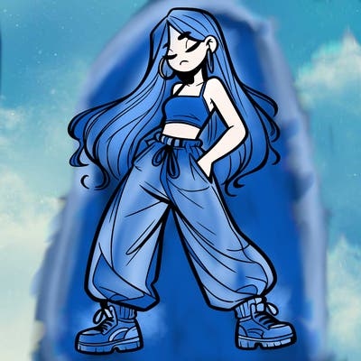 girl in baggy pants crop top and long hair