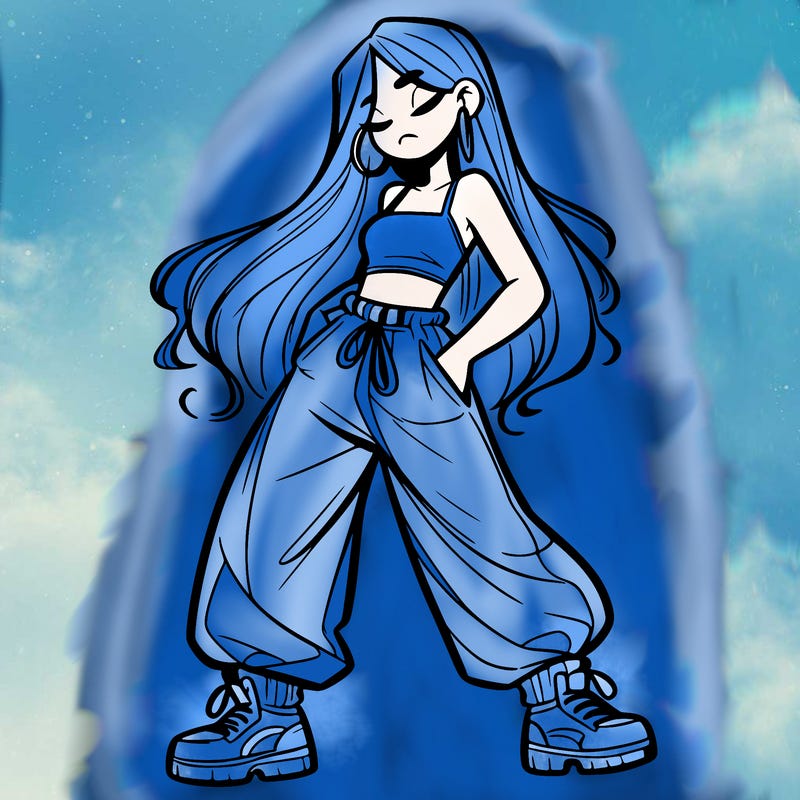 girl in baggy pants crop top and long hair