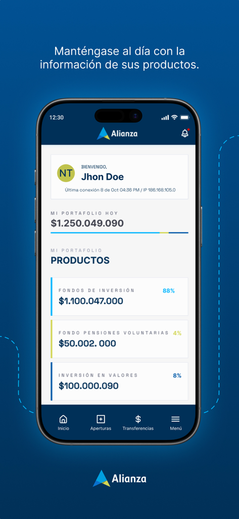 Alianza Móvil - Panel de la aplicación Alianza Movil que muestra una descripción general de la cartera financiera con fondos de inversión y desgloses de pensiones