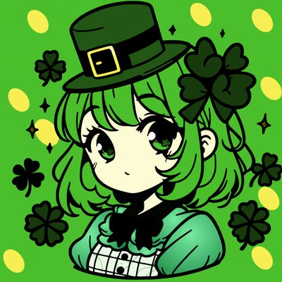 a manga-style girl with clovers around her, a little hat in her hair, like it's saint patrick's day