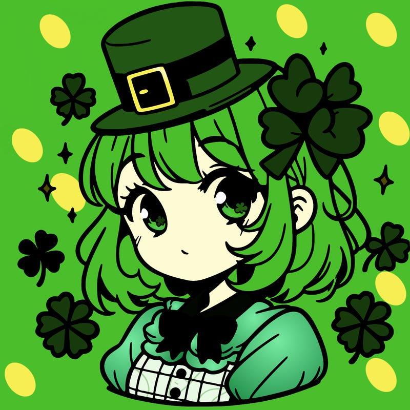 a manga-style girl with clovers around her, a little hat in her hair, like it's saint patrick's day