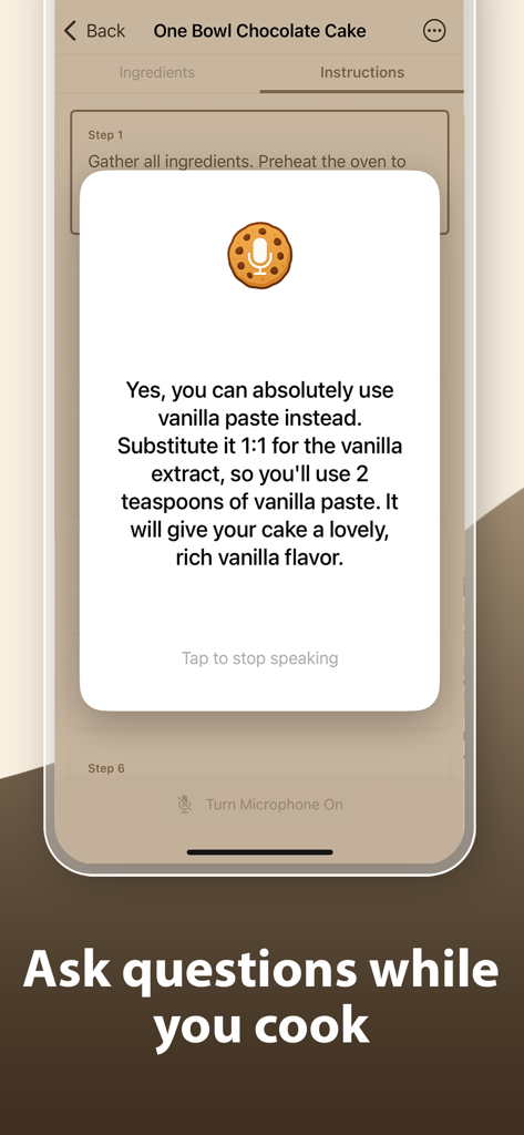 Cookie Voice Recipes - Captura de pantalla de una aplicación móvil que muestra un asistente de voz respondiendo una pregunta sobre sustitución de ingredientes mientras se cocina.