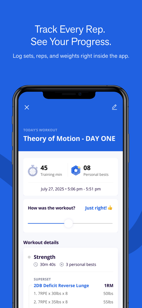 Theory of Motion - Ein Screenshot der Theory of Motion App, der eine abgeschlossene Trainingszusammenfassung mit Trainingszeit und persönlichen Bestleistungen anzeigt.