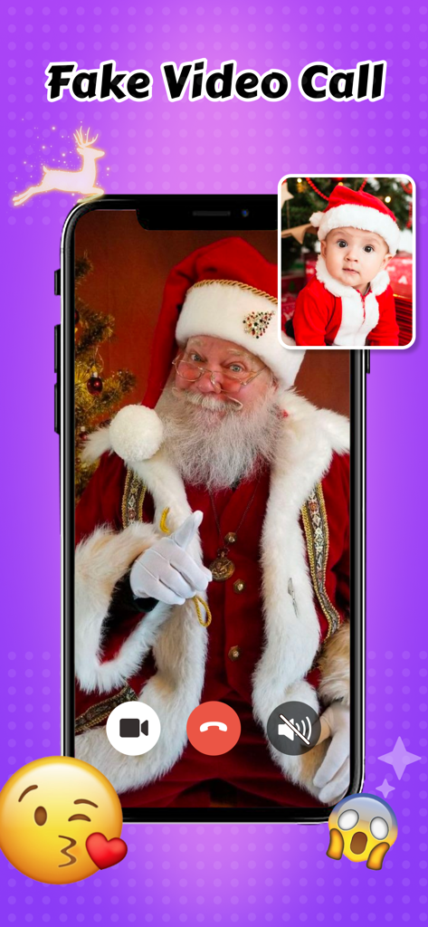 A smartphone screen showing a simulated video call from Santa Claus with a baby in a Santa outfit in the corner