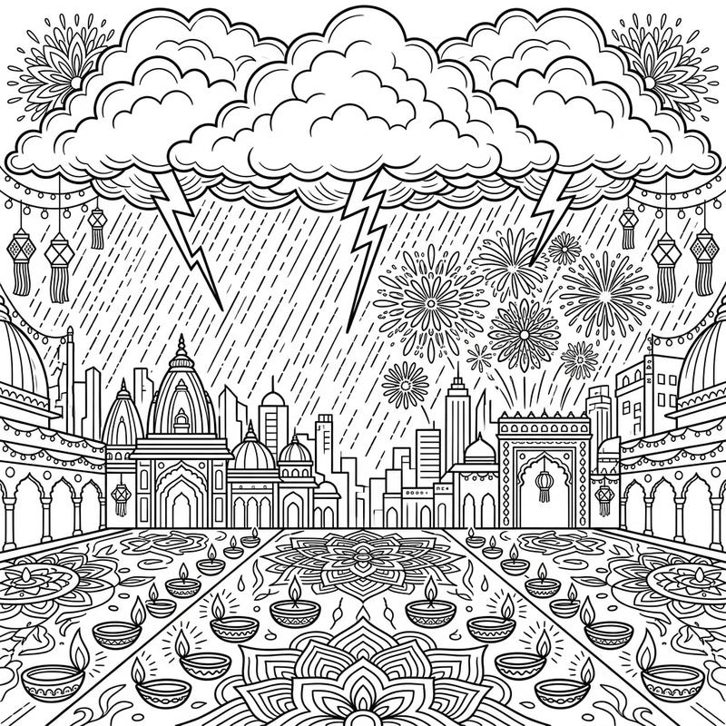 Delve into a captivating coloring scene where the drama of a thunderstorm meets the vibrant celebration of Diwali. This unique illustration combines striking lightning and heavy rain with glowing diyas, intricate rangoli, and dazzling fireworks for an unforgettable artistic experience.