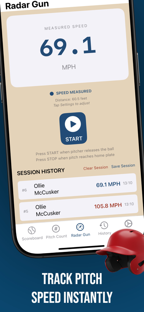 Bullpen app interface showing a baseball radar gun measuring pitch speed at 69.1 MPH with session history