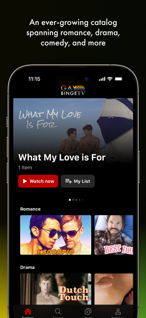 GayBingeTV - Interface of the GayBingeTV streaming app displaying categories for romance and drama movies