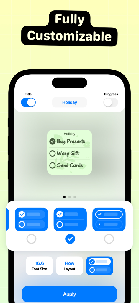 A smartphone screen showing the customization options for a To Do List Widget including font size and layout settings.