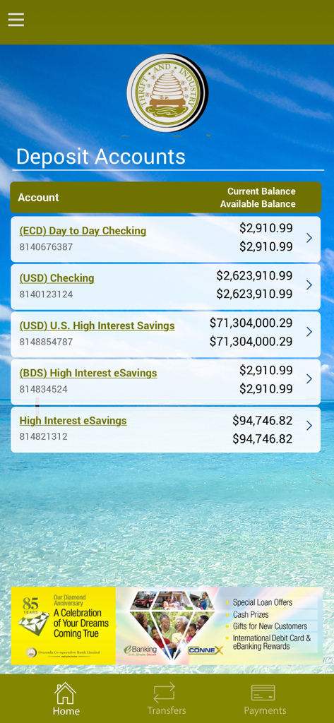 Grenada Co-operative Bank Ltd - Deposit accounts screen of the Grenada Co-operative Bank mobile app showing balances