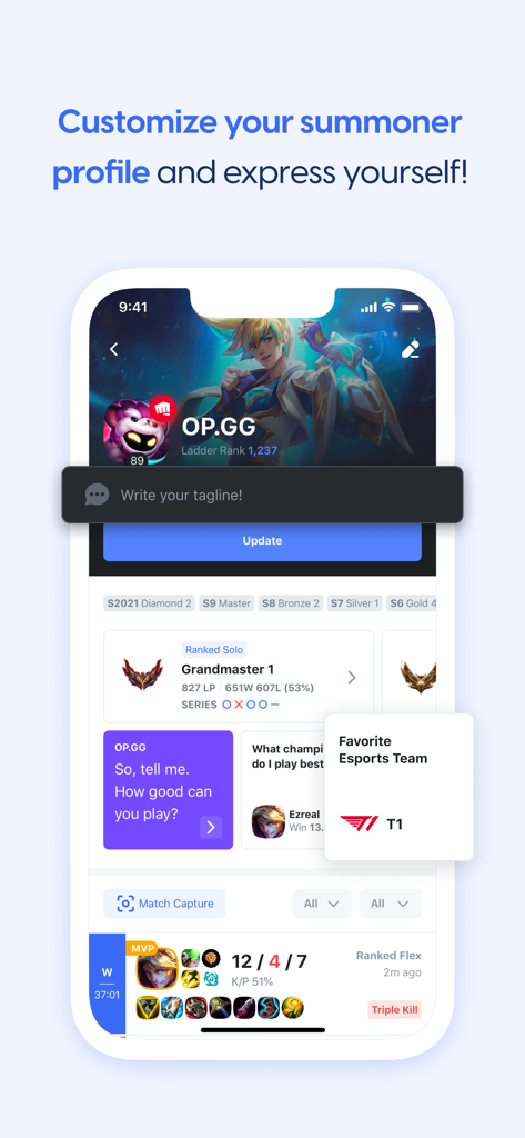 ランクと試合統計を含むLeague of LegendsプレイヤープロフィールのOP.GGのモバイルアプリ画面