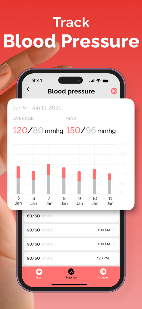 Heart Rate Monitor Variability - Teléfono inteligente mostrando estadísticas de seguimiento de la presión arterial y gráficos de datos históricos en la aplicación Variabilidad del Monitor de Frecuencia Cardíaca