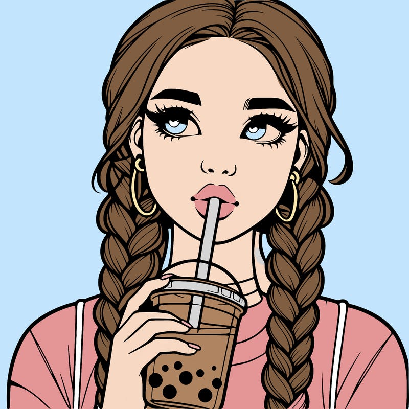 realistic girl with braided hair drinking boba