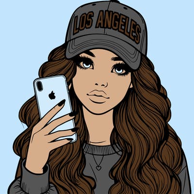 realistic beautiful girl wearing los ángeles cap holding an iphone