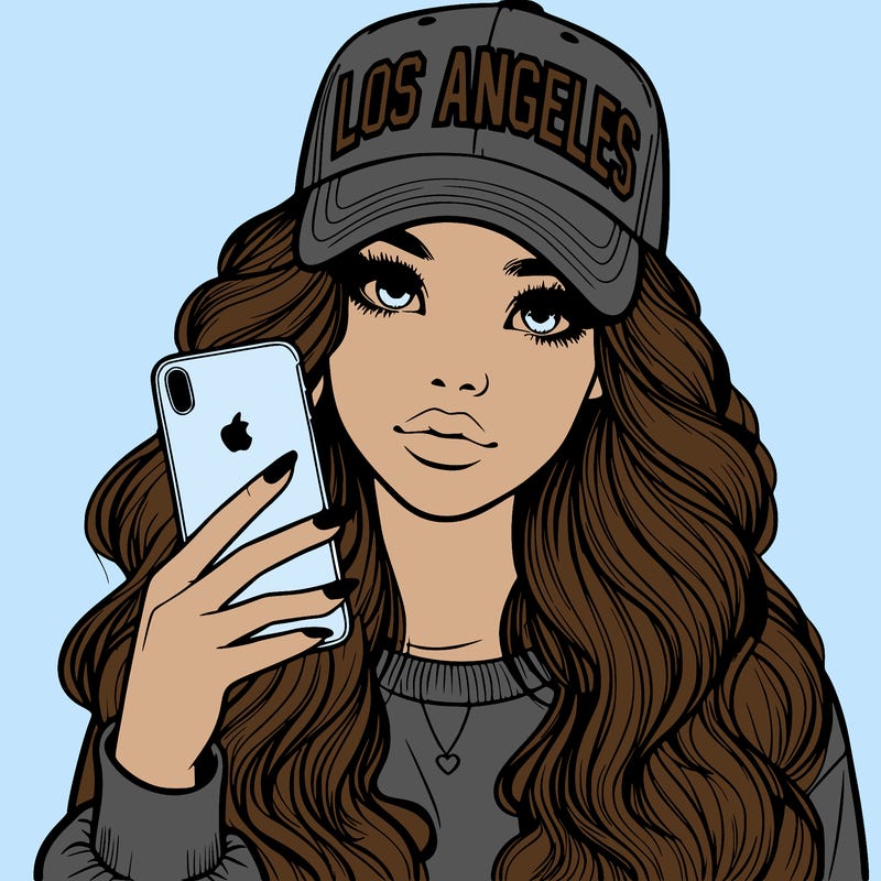 realistic beautiful girl wearing los ángeles cap holding an iphone