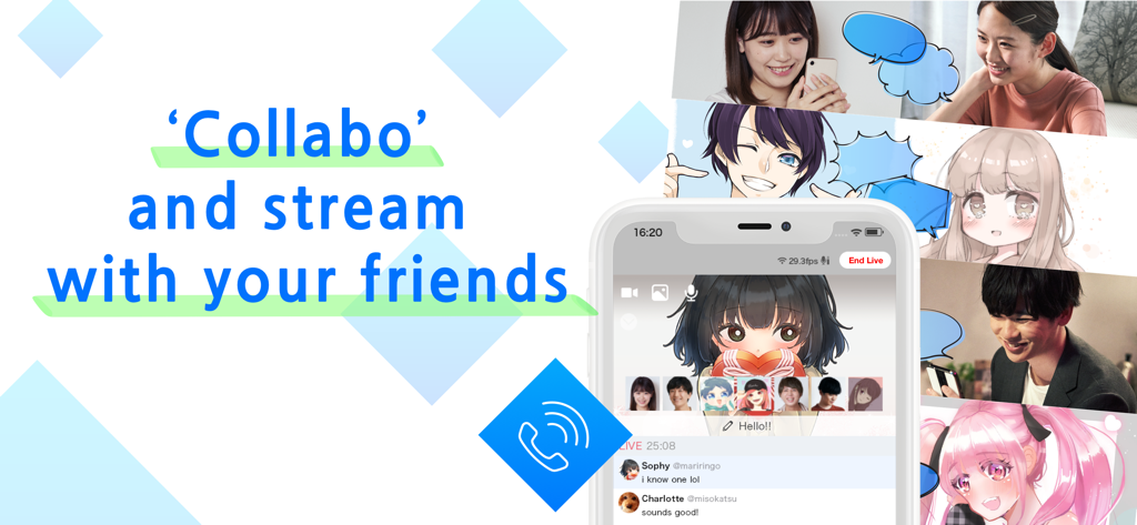TwitCasting Live app interface showing group streaming with friends and anime avatars in Collabo mode
