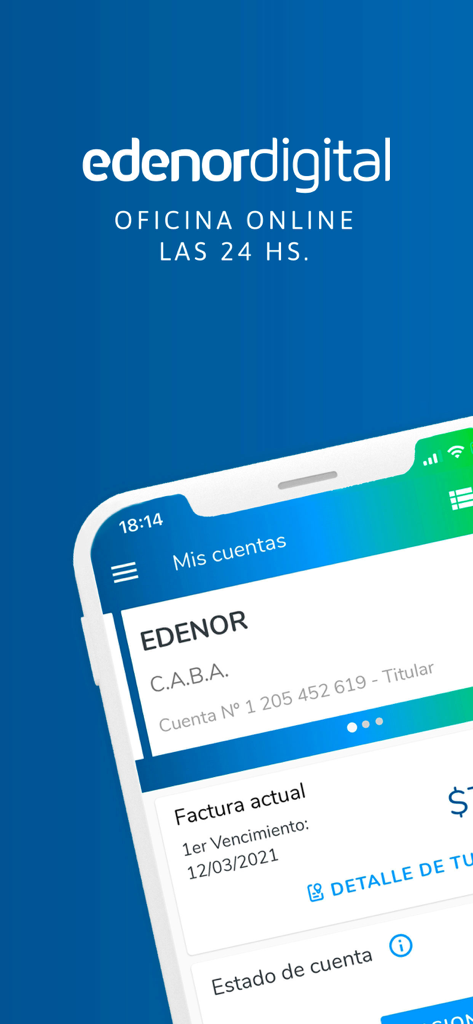 Interfaz de la aplicación móvil edenordigital mostrando la gestión de cuentas y detalles de facturación en un smartphone.