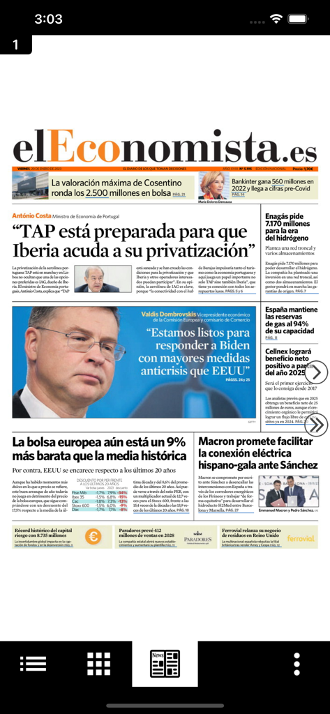Portada digital del periódico elEconomista dentro de la aplicación móvil Kiosco