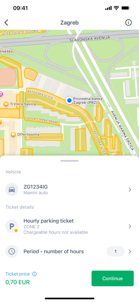 Interface of the Bmove app showing the payment screen for an hourly parking ticket in Zagreb.