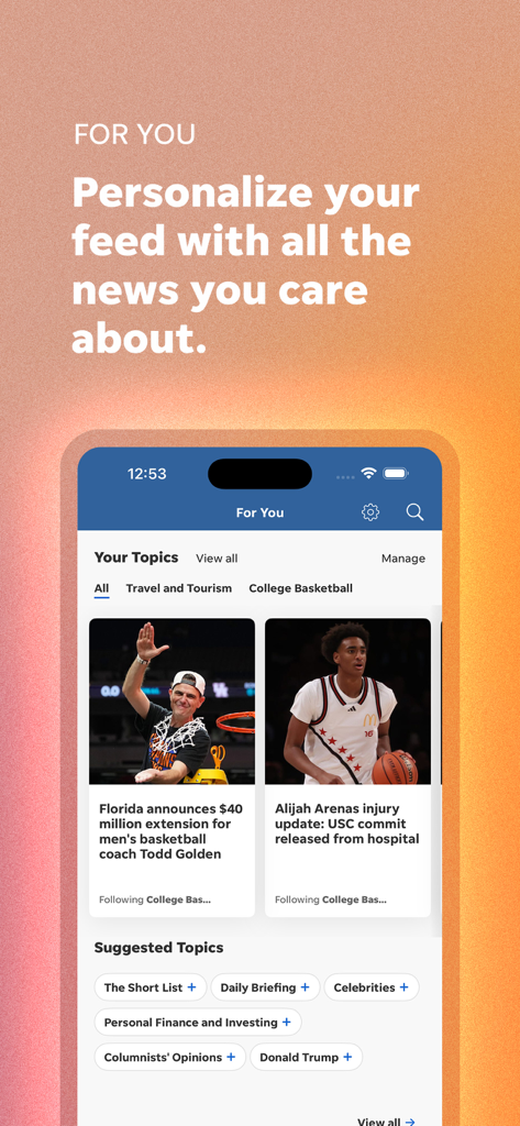 USA TODAY: US & Breaking News - USA TODAYアプリの「あなたへ」セクションのインターフェイス。パーソナライズされたニュースのトピックと見出しが表示されています。