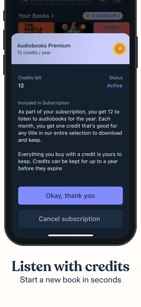 Speechify Books: Read & Listen - Speechify Books app interface showing audiobooks premium subscription and credits balance