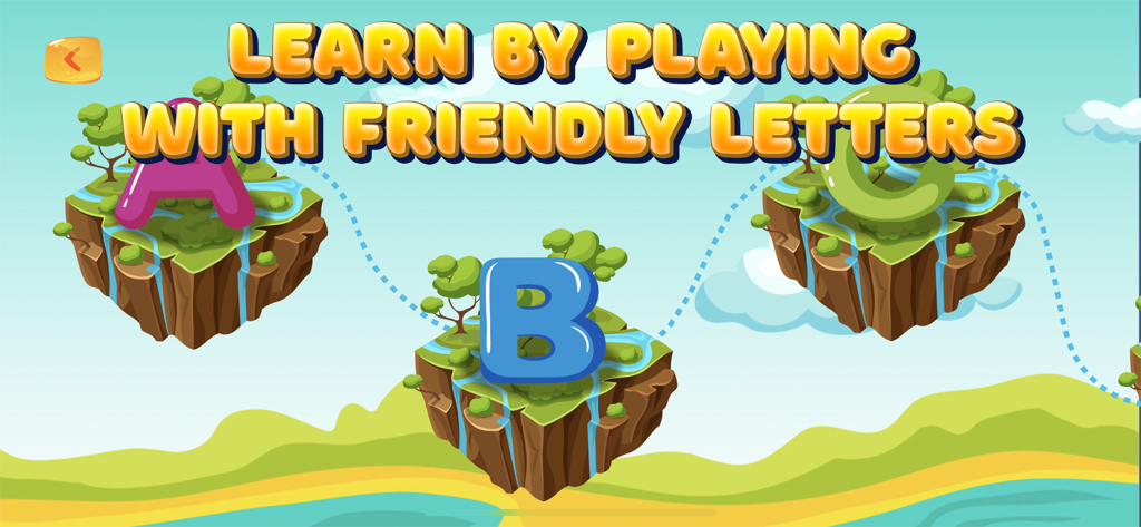 ABC learning games for kids 2+ - Islas flotantes de dibujos animados con letras del abecedario en un juego educativo para niños.