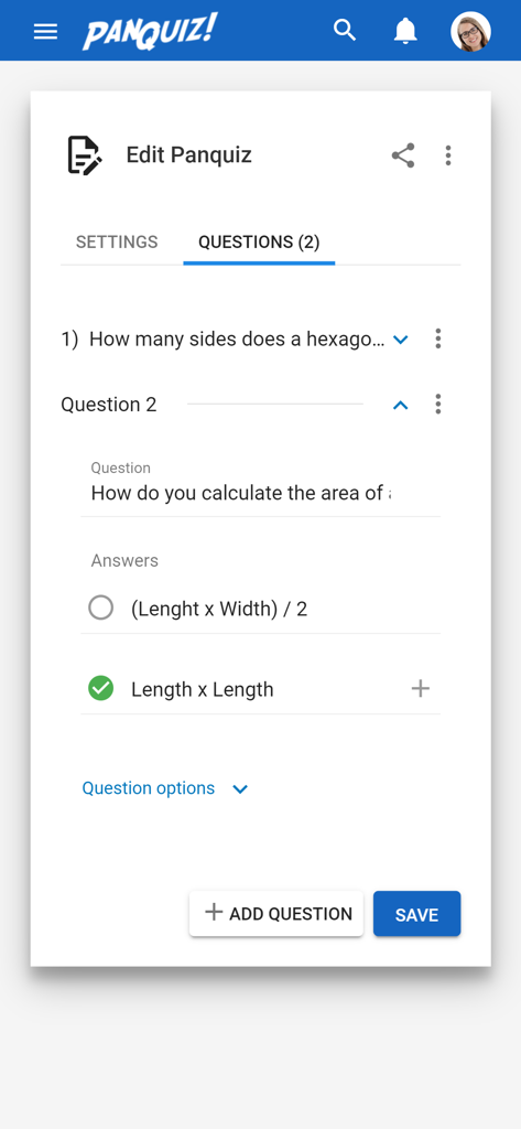 PanQuiz! - PanQuiz mobile app interface for creating and editing quiz questions with multiple choice answers
